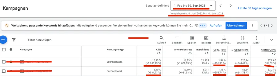 positive Ergebnisse eines Google Ads Freelancers Vergleich von vor und nach seiner Arbeit